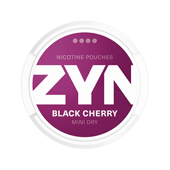 Can of ZYN Mini Black Cherry nicotine pouches, 3 mg strength, featuring a black cherry, forest berry, and vanilla flavor profile. This tobacco-free product by Swedish Match comes in a mini format with 20 small portions per can. Designed for discreet use, 